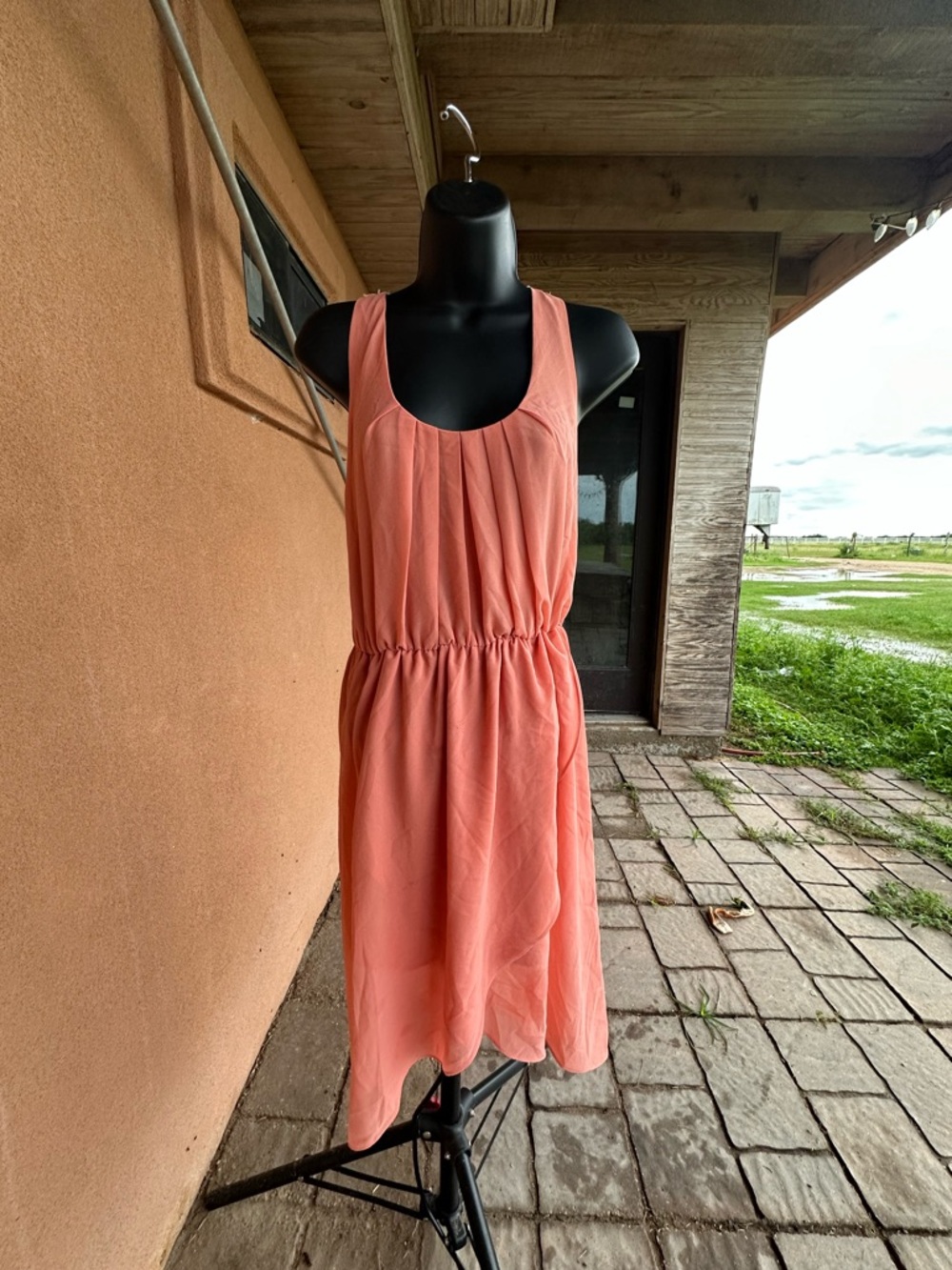 Papaya Peach Halter Faux Wrap High Low Dress Crochet Back Large
